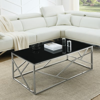 Black Tempered Glass Coffee Table with Stainless Steel Frame
