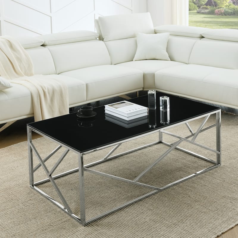 Modern Coffee Table with Black Tempered Glass and Gold Frame - 26.00 x 48.00 x 17.50 - Chrome