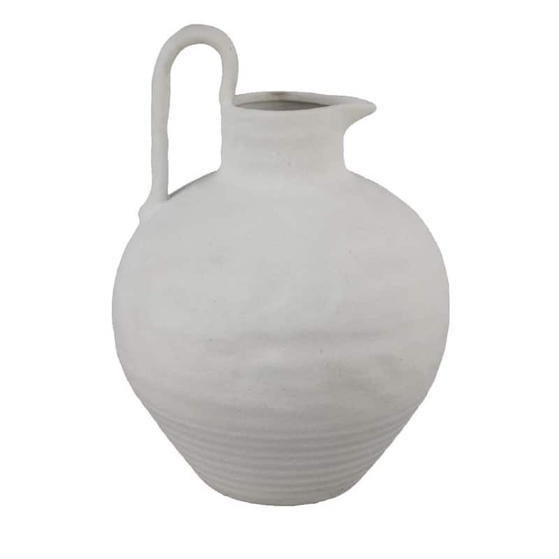 Siela Jug Style Vase with Extended Loop, Ribbed Details, White Ceramic