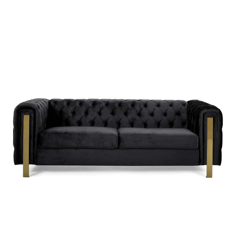 83.75" Velvet 3-Seater Sofa with Tufted Diamond Stitching, Gold Accents, and Iron Legs