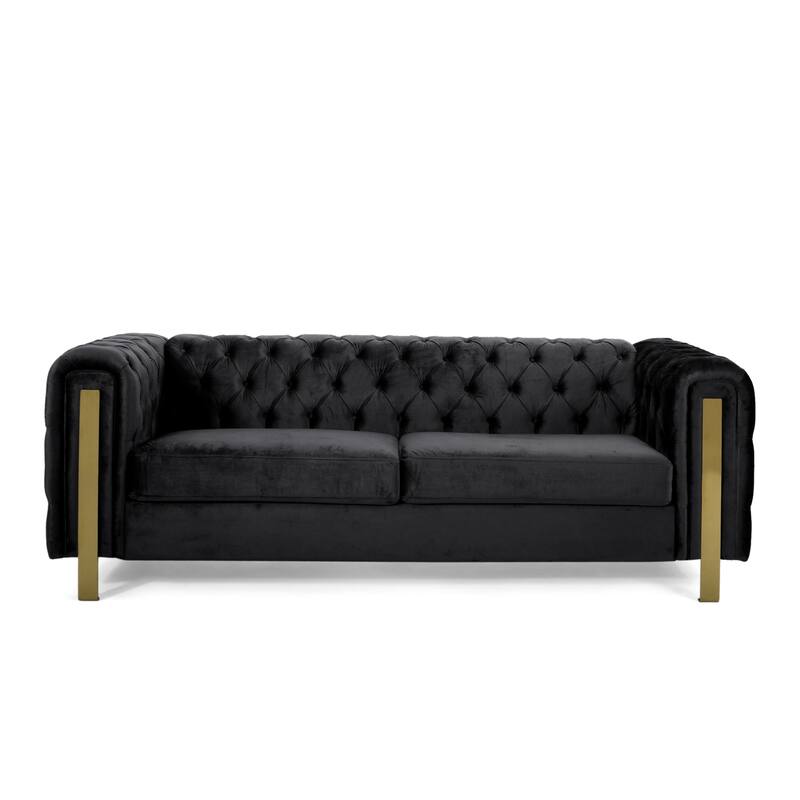 Velvet Button Tufted 3-seater Sofa with Iron Legs