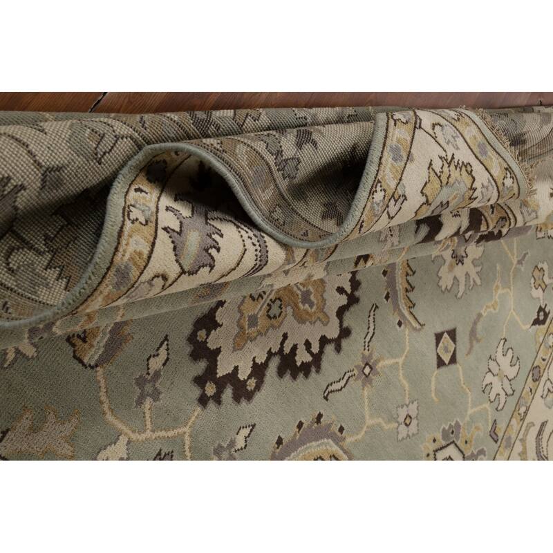 Green Floral Oushak Indian Area Rug Hand-Knotted Wool Carpet - 9'1"x 11'10"