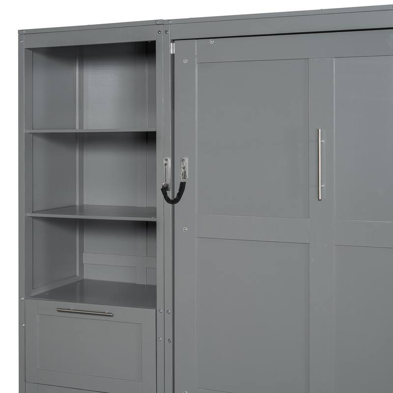 Queen Murphy Bed with Side Flip, Storage Cabinet, Wardrobe and Drawers, Foldable Wall Bed with Top Shelf and Under-Bed Storage
