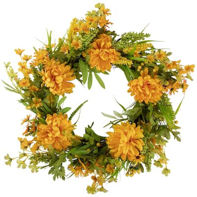 Yellow Peony Artificial Fall Harvest Twig Wreath, 24-Inch, Unlit