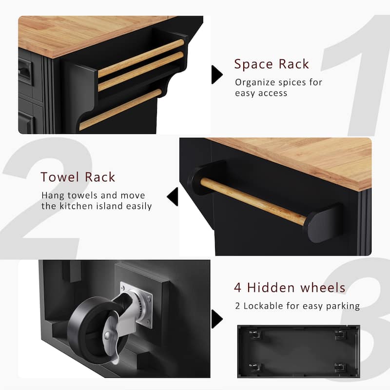 Modern Large Kitchen Island with Rubber Wood Drop Leaf, 3 Drawers Storage Cabinet, Bottom Rollers, Rolling Cart for Dining Room