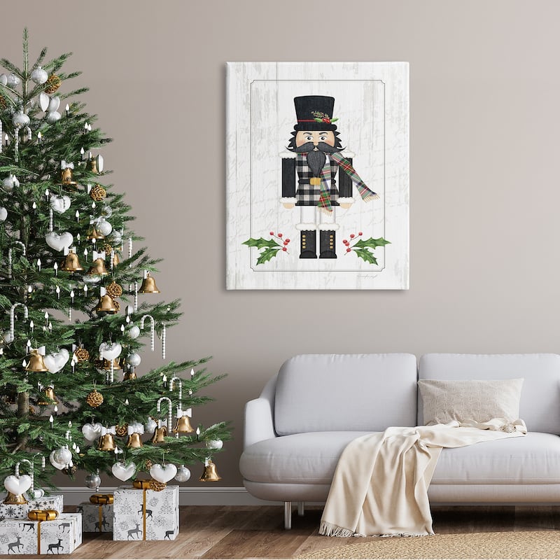Stupell Christmas Holly Nutcracker Winter Plaid Coat Canvas Wall Art - White