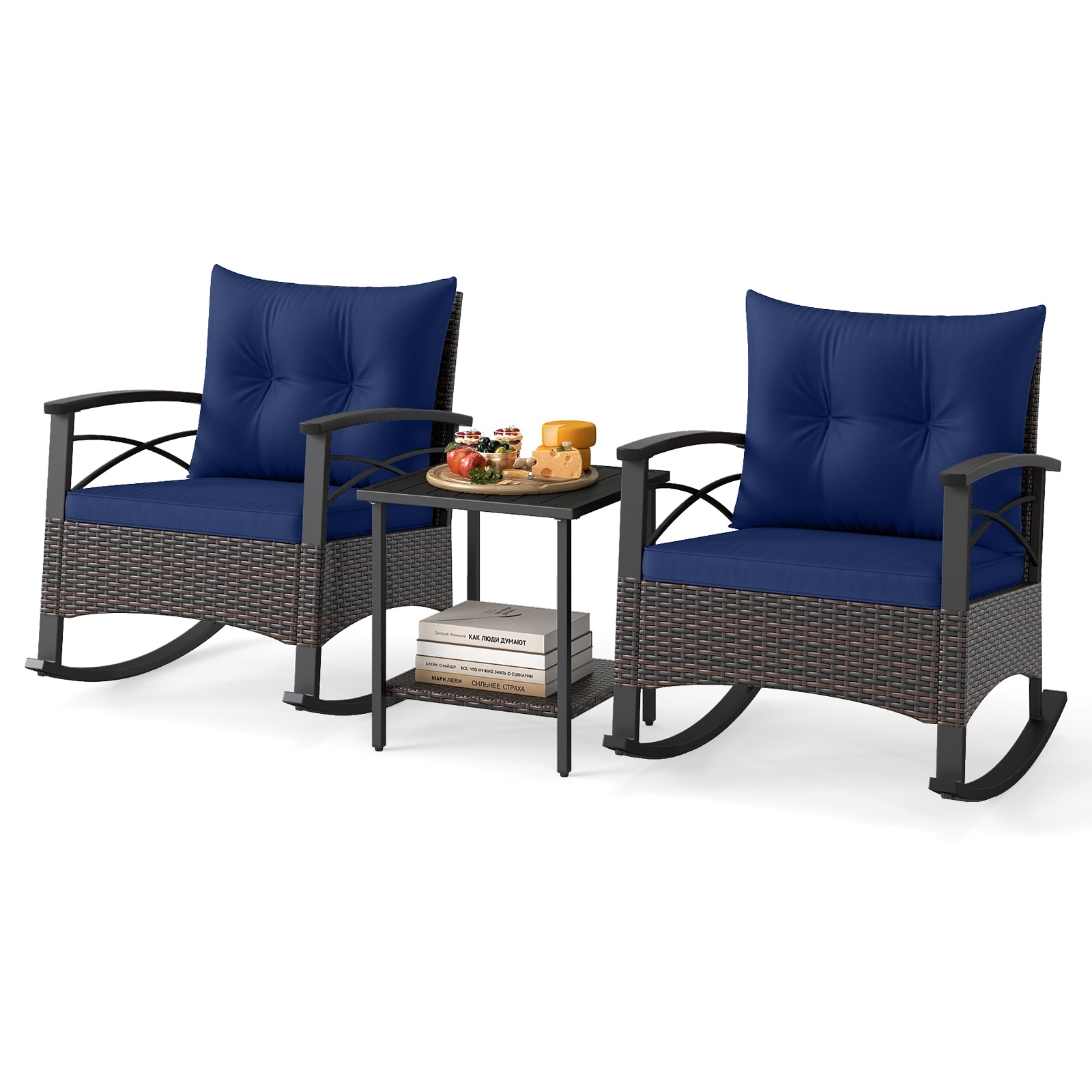 Gymax 3PCS Rattan Rocking Chair Set w/Acacia Wood Tabletop Armrests