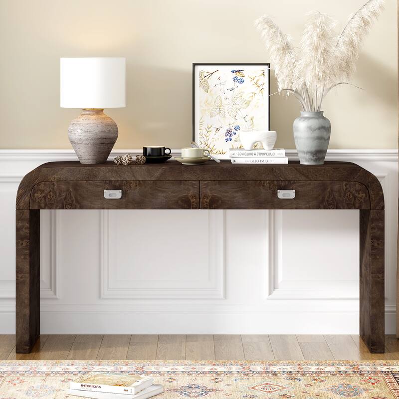 60"Wooden Entryway Console Table with 2 Large Drawers and Metal Handle - Tan
