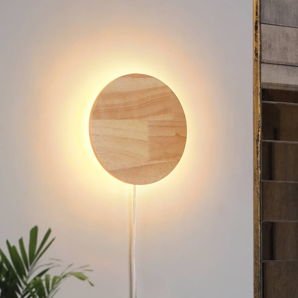 Modern Minimalist Wall Sconces, Round Wood LED Wall Lamp, Warm White Brightness Wall Light Fixtures for Bedroom - Yellow