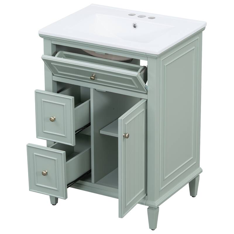 Roomfitters 24" Bathroom Vanity with Sink, Solid Wood Frame, Flip Drawer, 2 Side Drawers & Adjustable Shelf