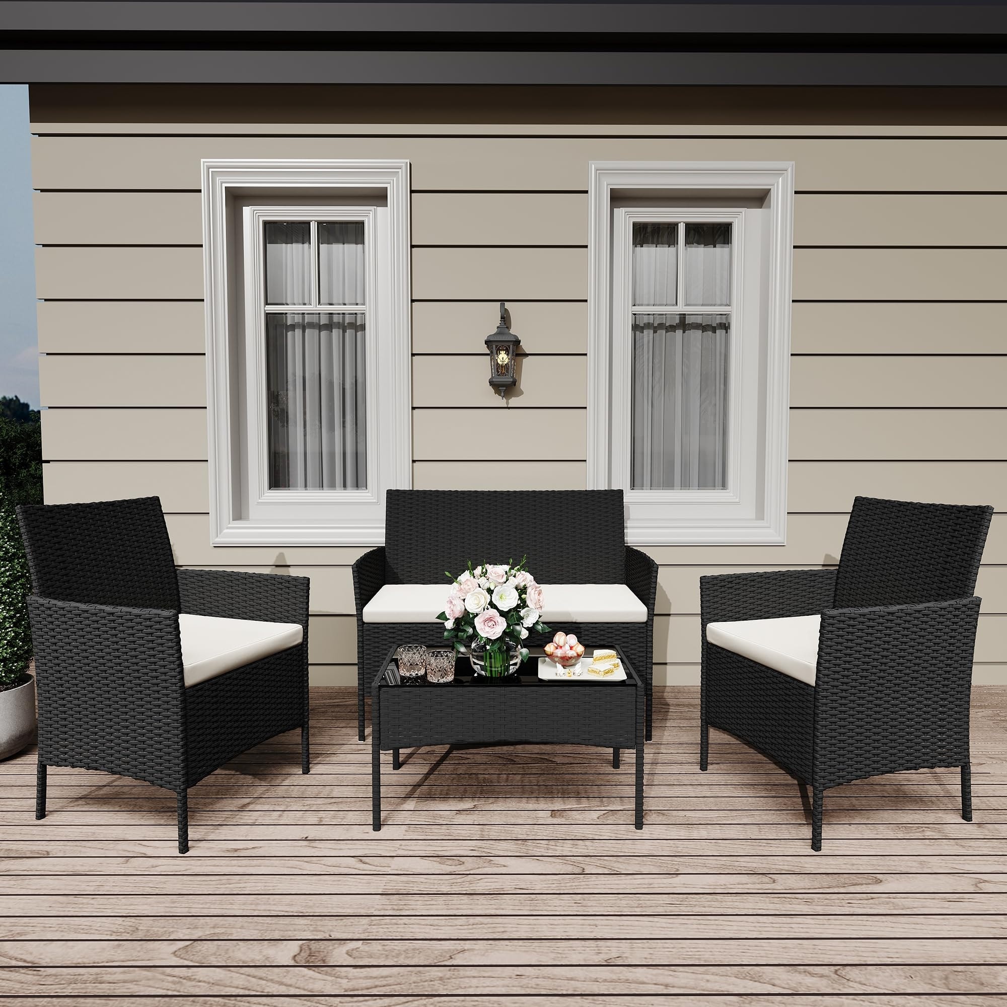 4-Piece All-Weather Patio Set - UV-Resistant PE Rattan & Rust-Proof Iron, Ergonomic Chairs, Tempered Glass Table