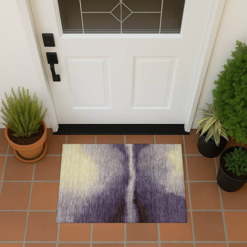 Machine Washable Indoor/ Outdoor Modern Landscape Chantille Rug - Plum - 1'8" x 2'6"