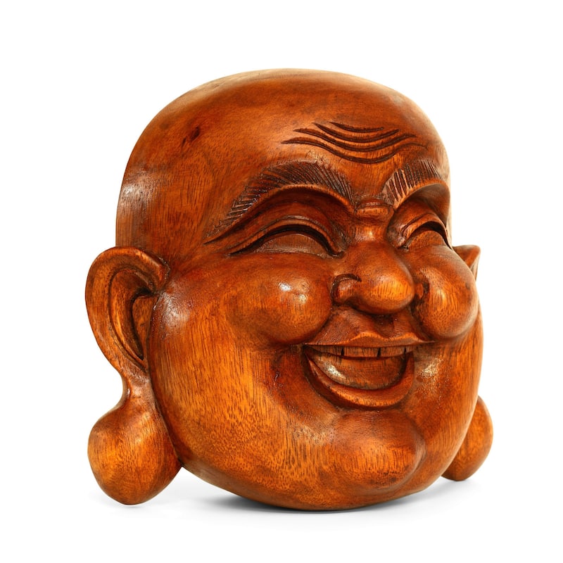 Wooden Wall Mask Laughing Smiling Happy Buddha Head Statue Hand Carved Stand Sculpture Handmade Figurine Decor Art Wall Hanging