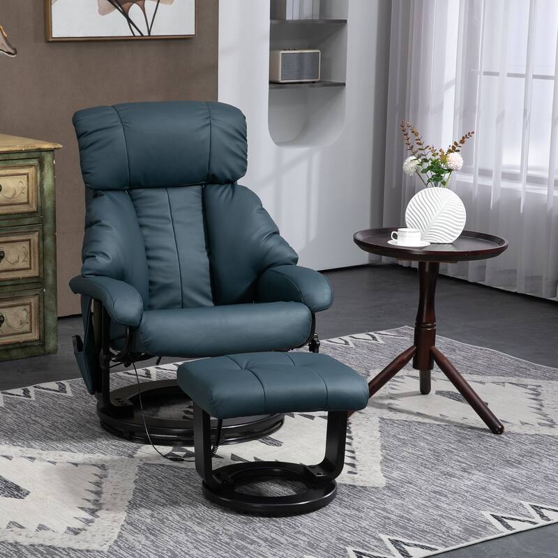 360 Swivel PU Leather Manual Massage Recliner Chair with Footrest, Adjustable Backrest and 10 Point Vibration - Blue