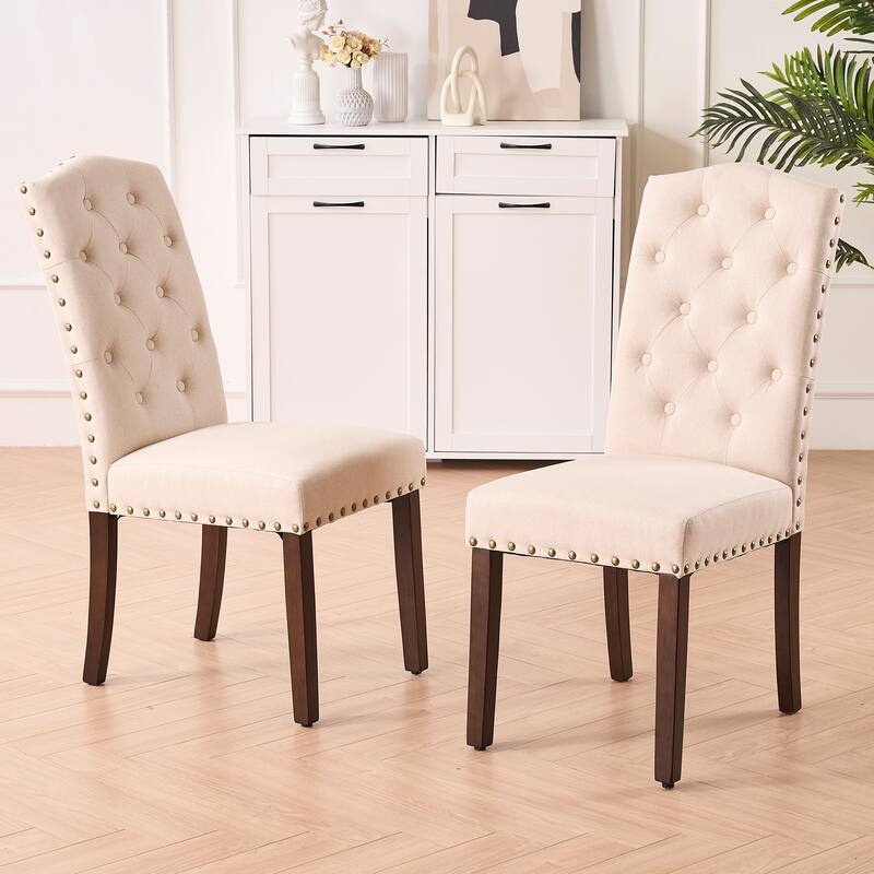Fabric Upholstered Tufted High Back Dining Chairs with Nailhead Trim