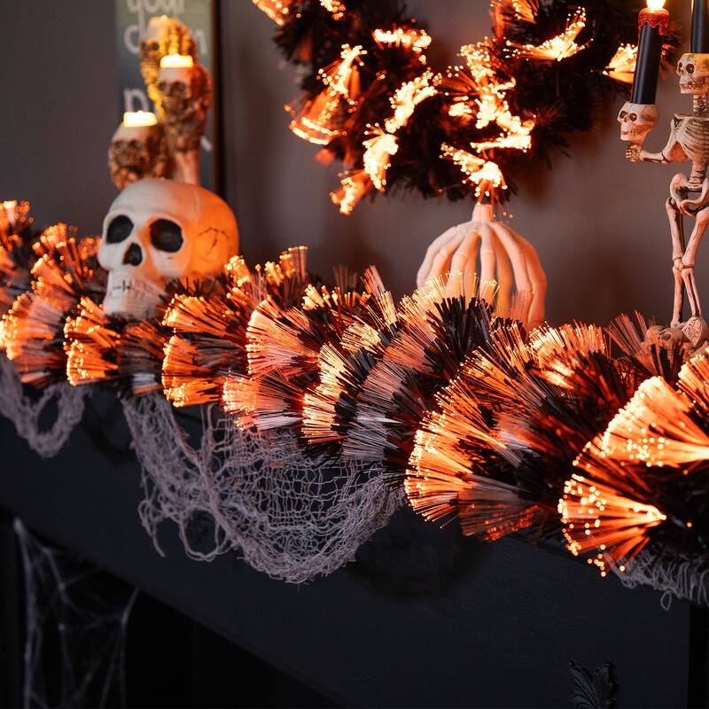 Multi Function Fiber Optic Artificial Halloween Garland - 6' x 6" - Black - Purple and Orange LED
