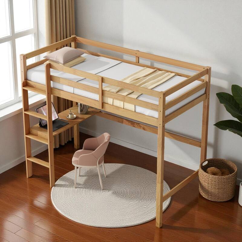 Twin Size Wooden High Loft Bed with Built-in Desk and Ladder, Solid Rubber Wood Loft Bed with Safety Guardrails