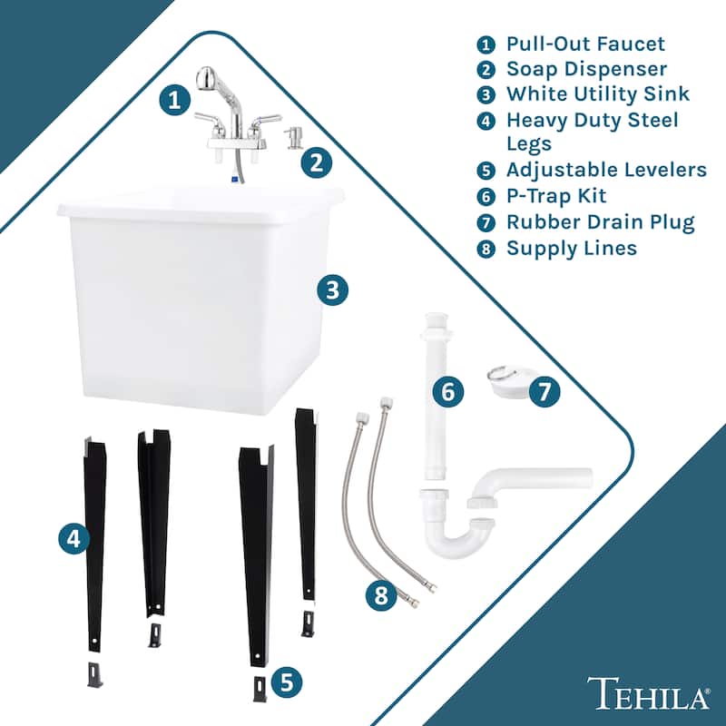 TEHILA White 16-Gallon Space Saver Utility Sink Laundry Tub with Pull-Out Faucet