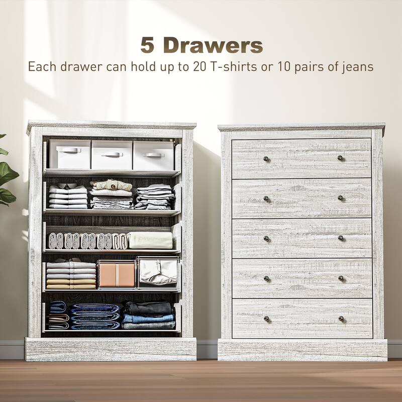 Classic Farmhouse 5-Drawer Dresser Particleboard & MDF Chest with Spacious Storage and Rustic Design