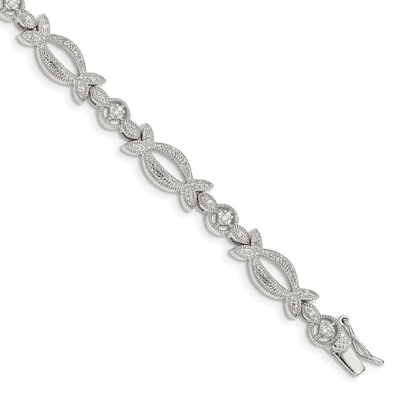 Curata 925 Sterling Silver Textured Polished Open back Box Catch Closure CZ Cubic Zirconia Simulated Diamond Bracelet 7.25 Inch