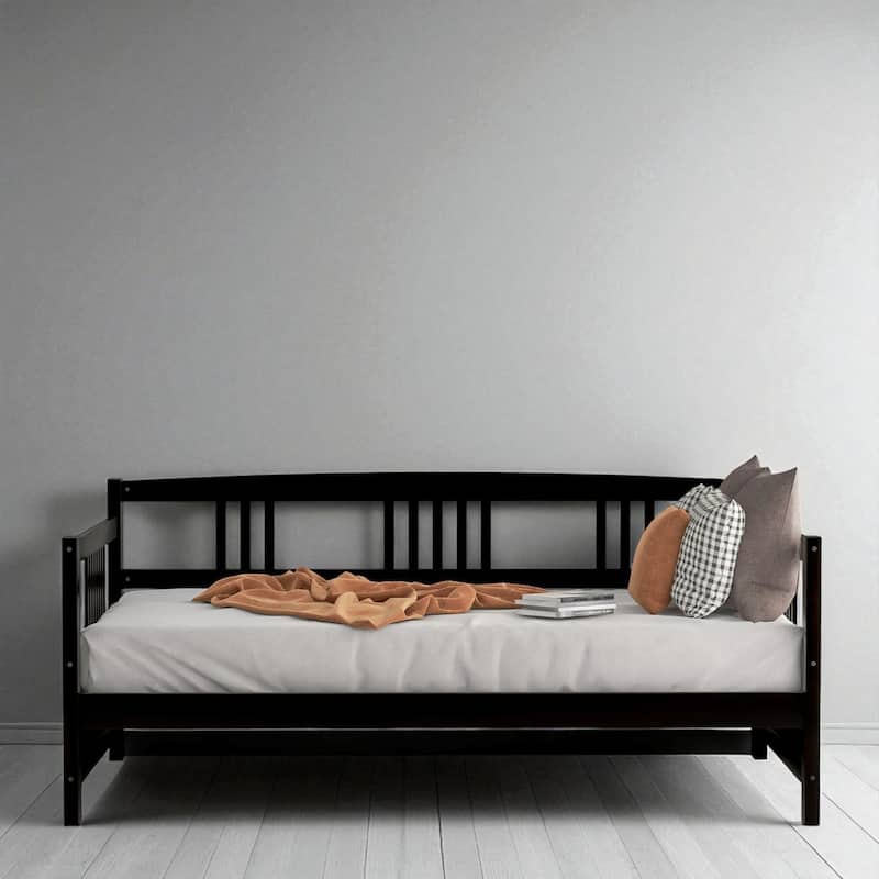 Modern Twin Size Solid Wood Daybed with 3-Sided Rail, Vintage Style Frame with Slats, Multifunctional Sofa Bed