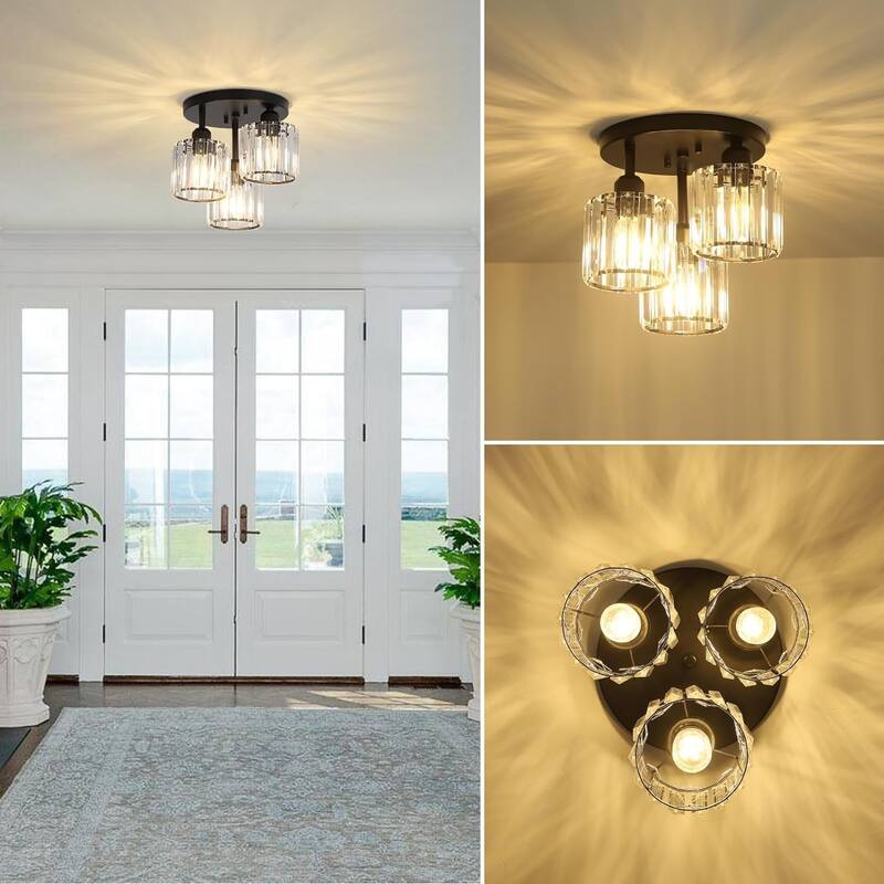Modern 3-Light Crystal Semi Flush Mount Ceiling Light for Hallway Bedroom Bathroom