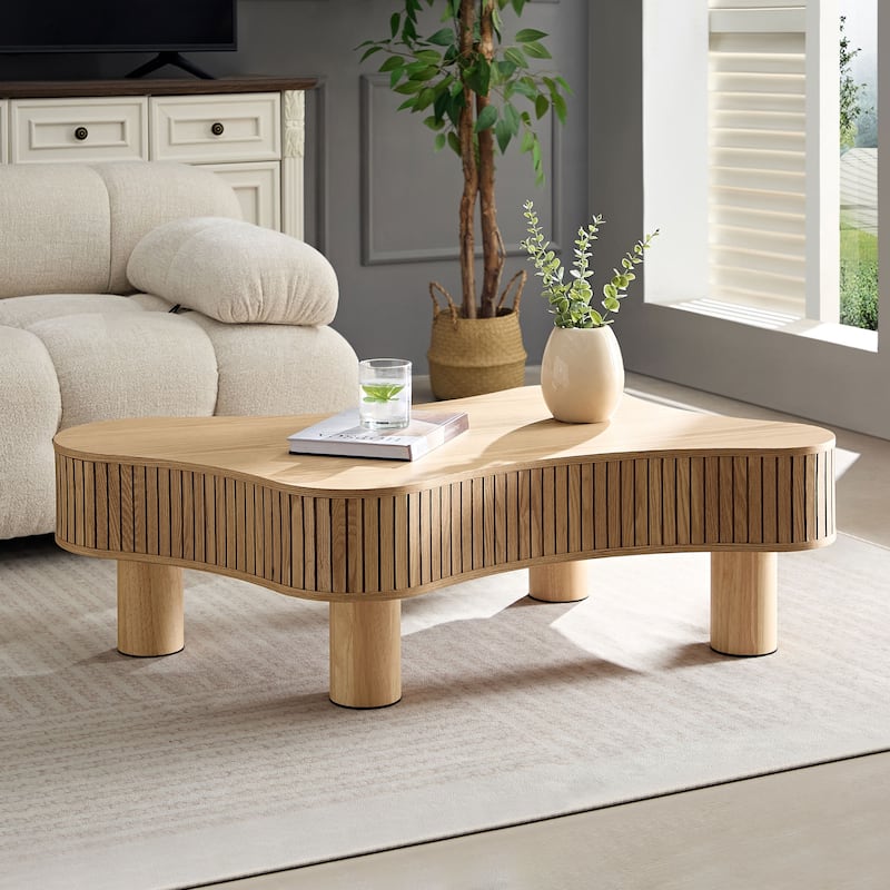 Modern Irregular Shaped Coffee Table Compact Wooden Accent Table with Side Vertical Stripe Fluted Decor and Wood Grain Surface