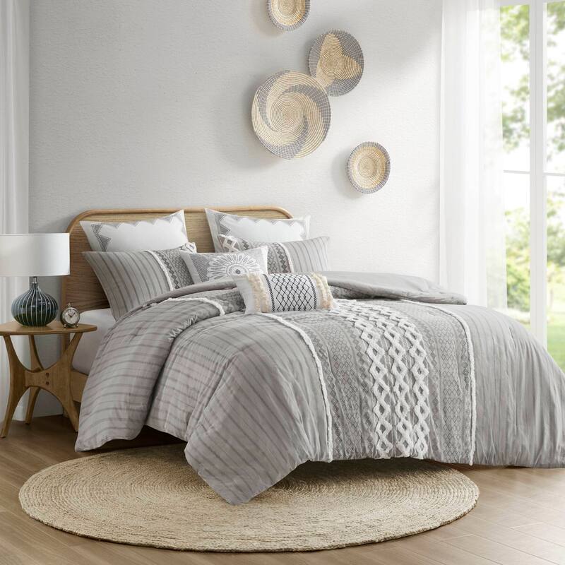 GDF Studio - Imani Cotton Printed Comforter Set with Chenille Detailing - Gray (King/Cal King)