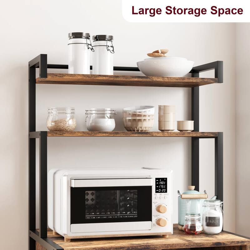 Bakers Rack for Kitchen, Kitchen Microwave Stand with Wine Rack and Glass Holder