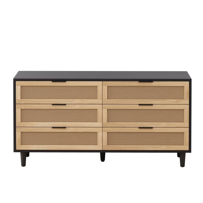 59.06" 6-Drawers Rattan Storage Cabinet Rattan Drawer with White Drawer Slides - 59.06 in. - Black