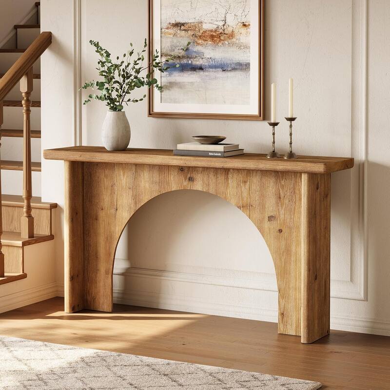 63" Long Solid Wood Console Table with Unique Arch Base for Living Room, Entryway, Entrance, Hallway, Behind The Couch - Brown