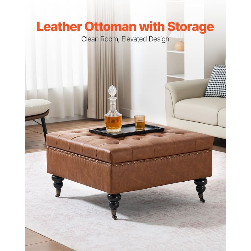Leather Square Storage Ottoman with Wheels and Wooden Frame – Tufted Coffee Table Bench