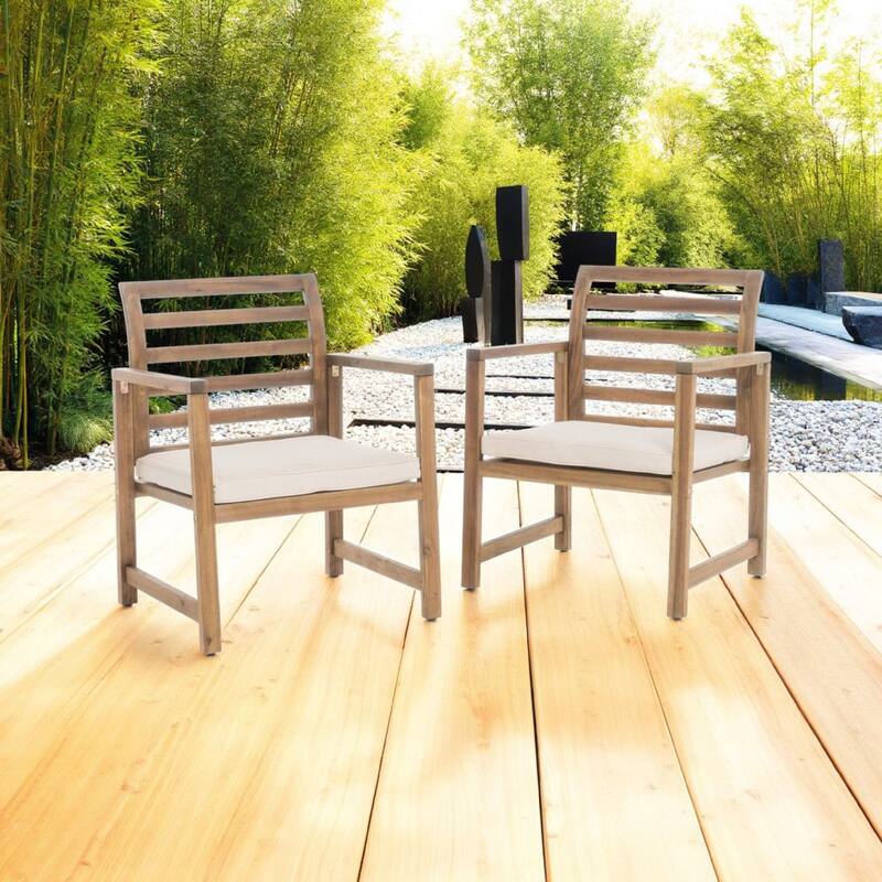 Outdoor Club Chair Set of 2, Slat Back, Brown Acacia Wood, White Fabric