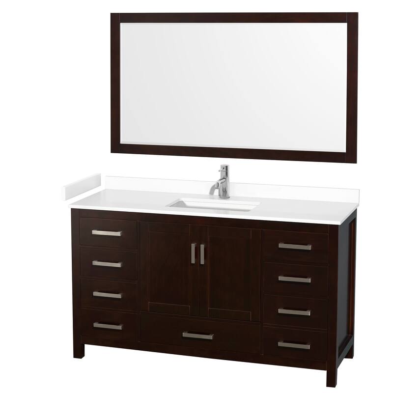 Sheffield Bathroom Vanity Set, Cultured Top, 58-Inch Mirror - 60-Inch Single - Espresso, White Cultured Marble Top, Chrome Trim