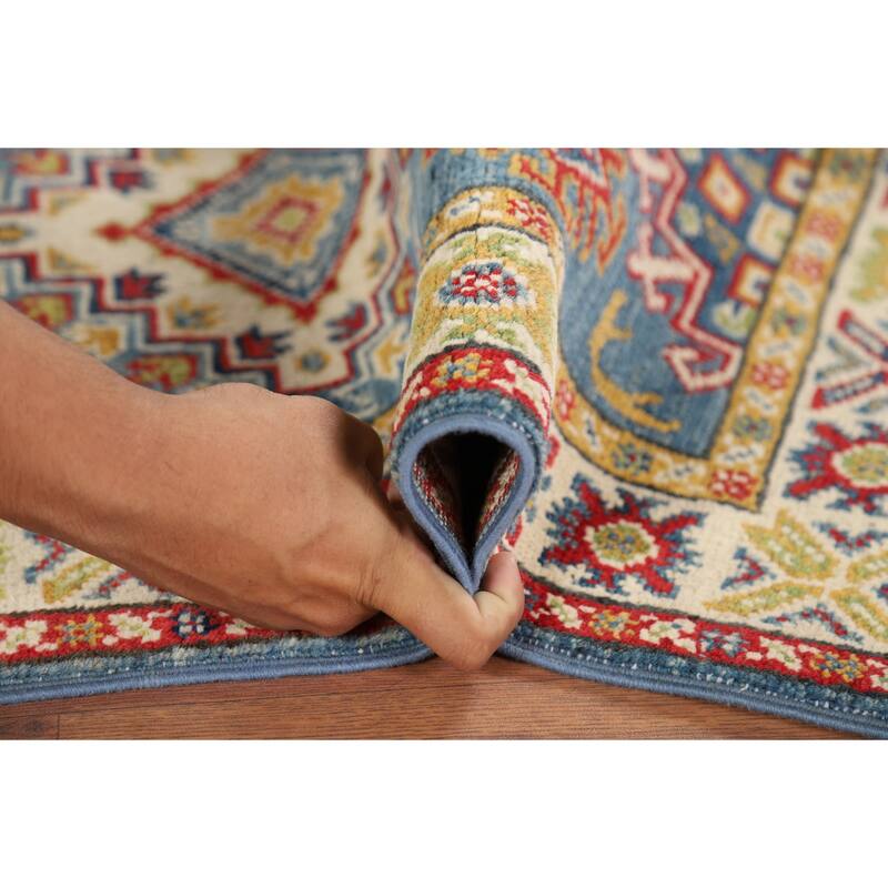Hand Knotted Oriental 100% Wool Carpet Traditional Geometric Navy Blue & Blues Kazak Area Rug - 3' 0'' X 2' 0''