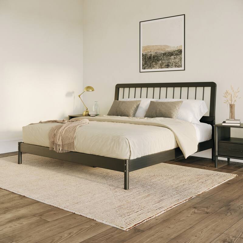 Solid Wood King Size Bed Frame with Mid-Century Modern Style and Slat-Back Design - Easy Assembly