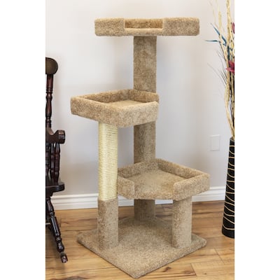 51" Multi-Level Solid Wood Large Cat Tree with Deep Carpeted Perches and Sisal Rope Post for Multiple Indoor Cats