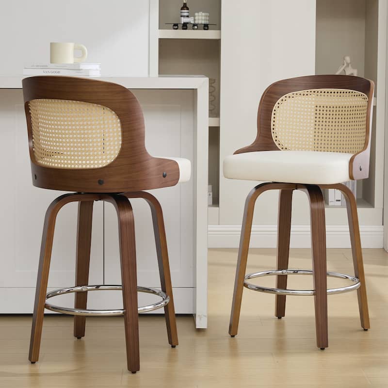 26" Upholstered Swivel Counter & Bar Stool with Rattan Back - 37.4"H x 19.09"W x 19.88"D