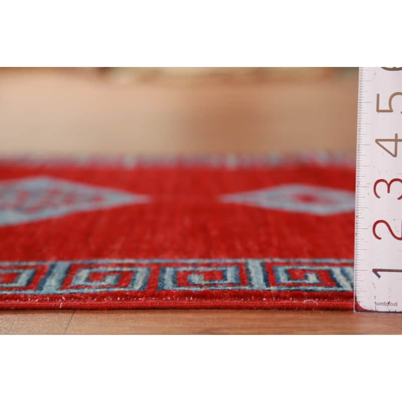 Hand Knotted Oriental 100% Wool Carpet Traditional Geometric Red Kazak Runner Rug - 14' 10'' X 2' 7''