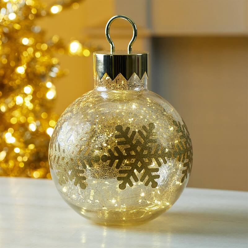 13" LED Mercury Glass Christmas Ball Gold Ornament with Lights for Mantel or Shelf Display - 9.5”L x 9.5”W x 13”H