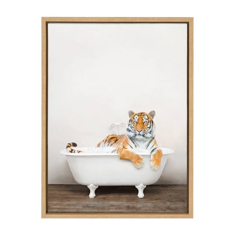 Kate and Laurel Bengal Tiger in Bath Framed Canvas by Amy Peterson