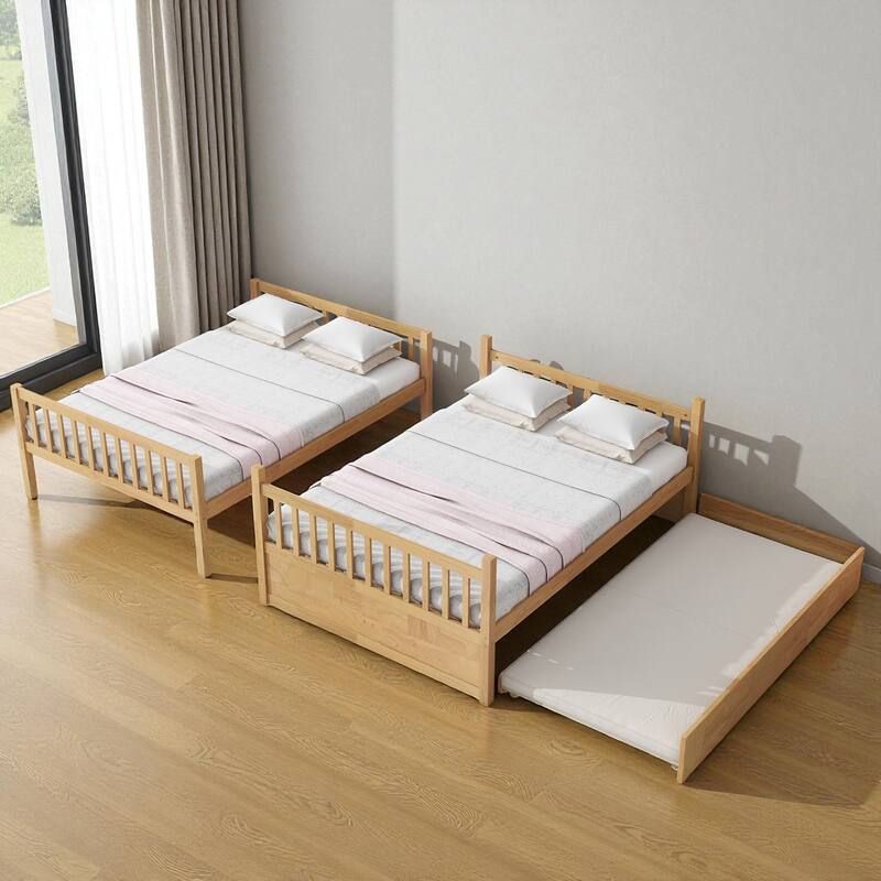 Full Over Full Rubber Wood Bunk Bed with Trundle, Convertible into Two Full Beds, Ladder and Guardrails Included