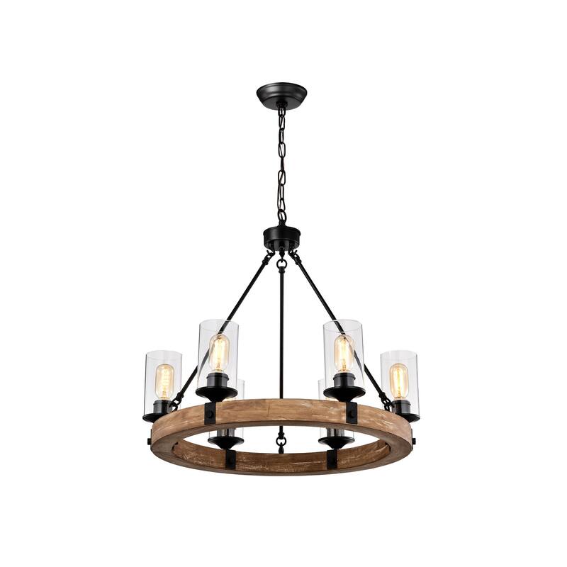 Matte Black and Vintage Wood 6-Light Wheel Chandelier with Clear Glass Shades