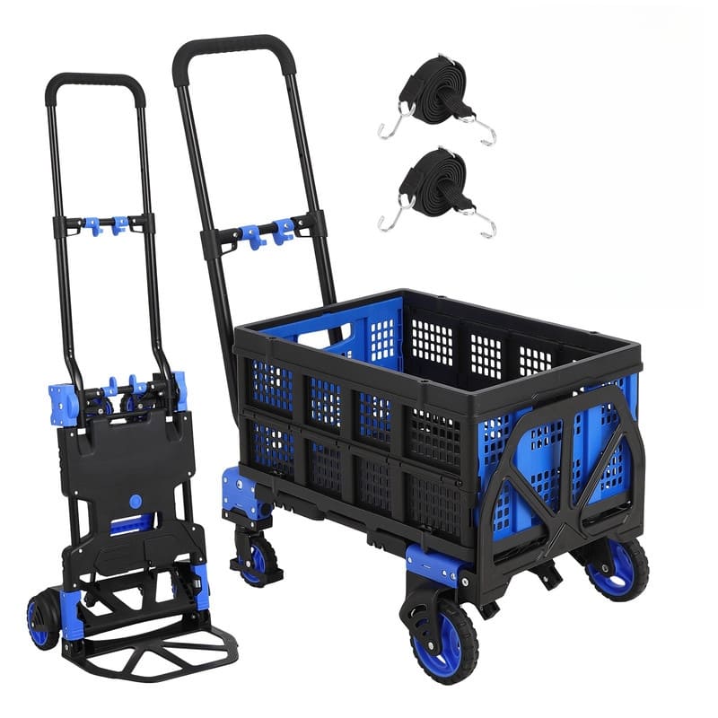 Folding Hand Truck Dolly with Basket, Dolly Cart with Wheels, Convertible Handcart with Retractable Handle