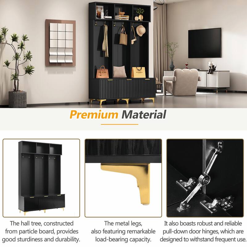 Modern Storage Hall Tree with Bench - Glossy Doors, 6 Gold Hooks