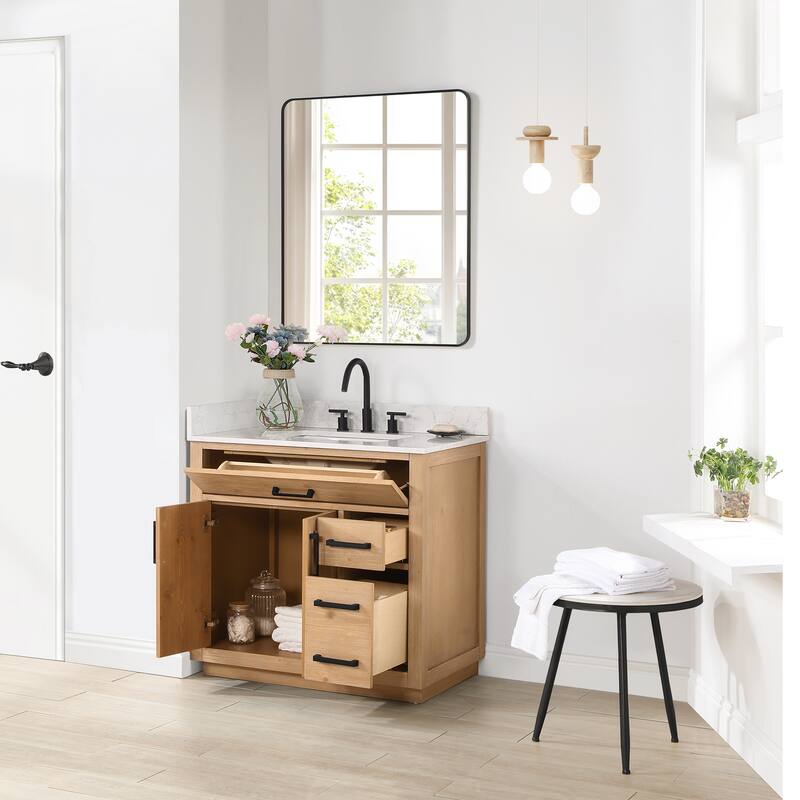 Altair Gavino Bath Vanity with Grain White Composite Stone Top and Mirror