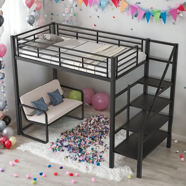 slide 2 of 9, Black Twin Size Loft Bed With Bench And Storage Staircase for Home Black