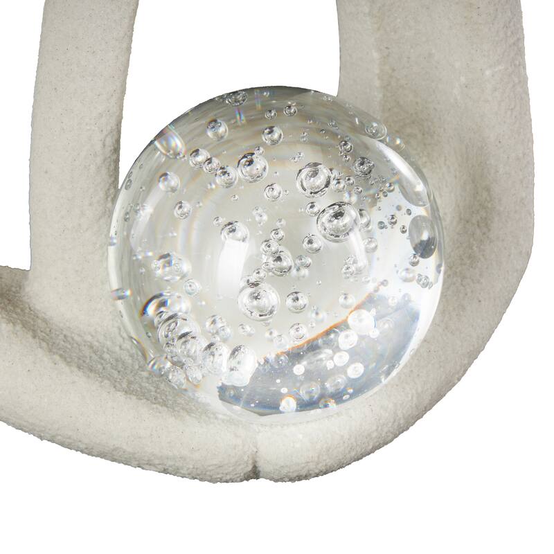 White Polystone Abstract Textured People Decorative Sculpture with Clear Glass Bubble Textured Orb and Black Speckles