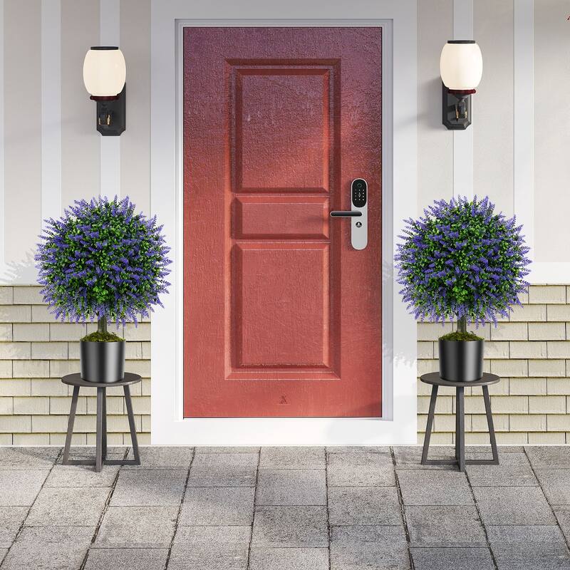 Gymax Set of 2 Artificial Lavender Topiary Ball Trees 23'' Faux