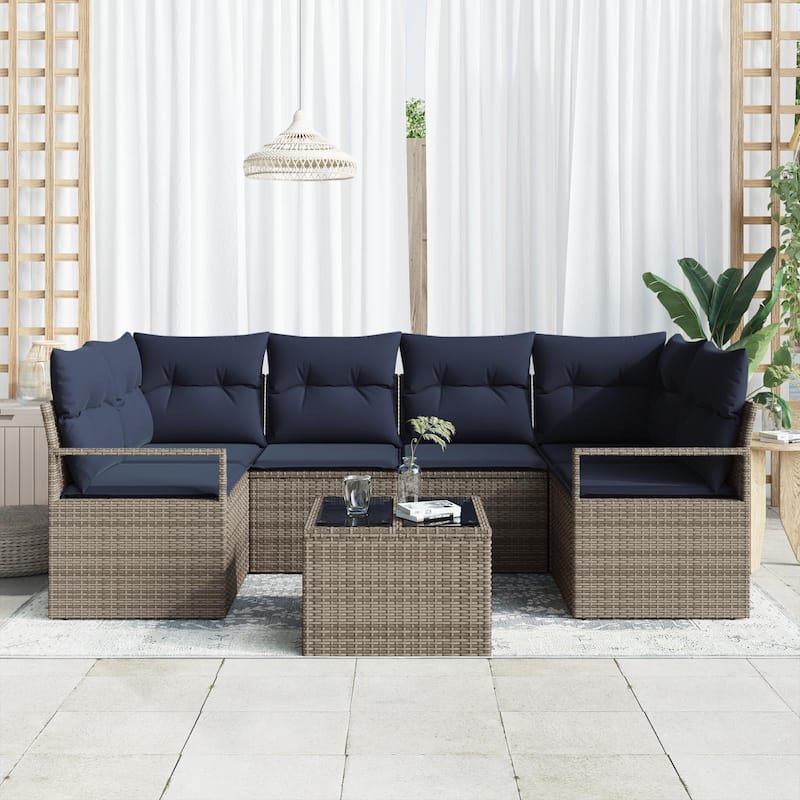vidaXL 7 Garden Sofa Set with Cushions Black/Brown/Grey Poly Rattan - 92.1 x 48 x 27.2